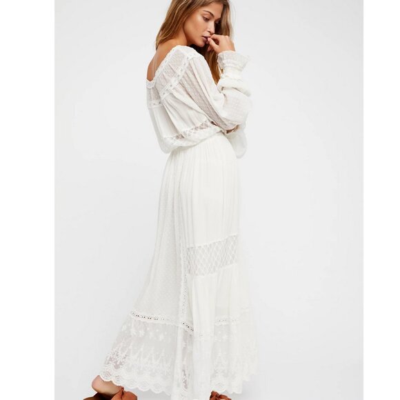 🤍 Free People White Lace Milkmaid “Tina” Maxi Dress | Boho Renn Faire Dream - Picture 3 of 17